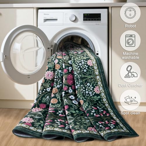 PLHXFR 8x10 Dark Green Floral Washable Area Rug for Living Room & Home