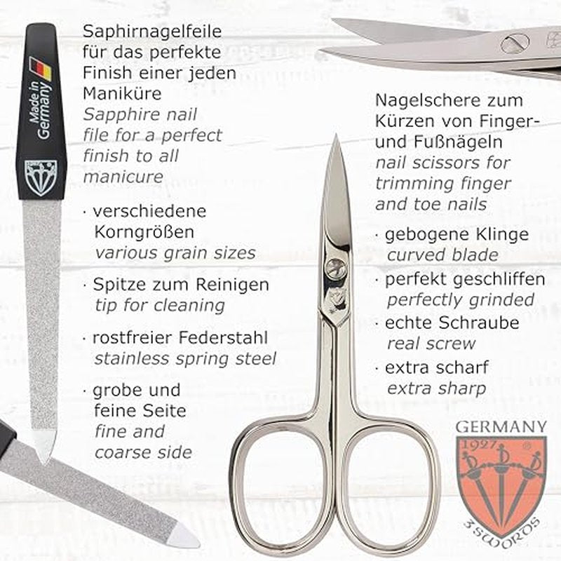 3 Swords Germany ? brand quality 10 piece manicure pedicure grooming kit set for nail care tweezers file clipper, Made by 3 Swords (BLACK - GENUINE LEATHER)