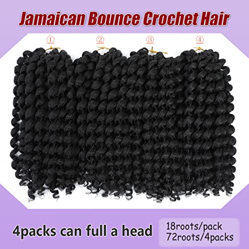 12 Inch Jamaican Bounce Crochet Hair for Black Women - 4 Packs, 72 Roots, Natural Black