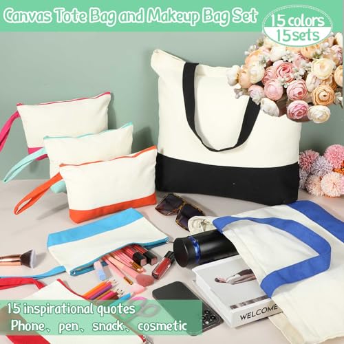 Colorful Sanwuta 30 pcs 18.5-inch Canvas Tote & Makeup Bag Set Bulk