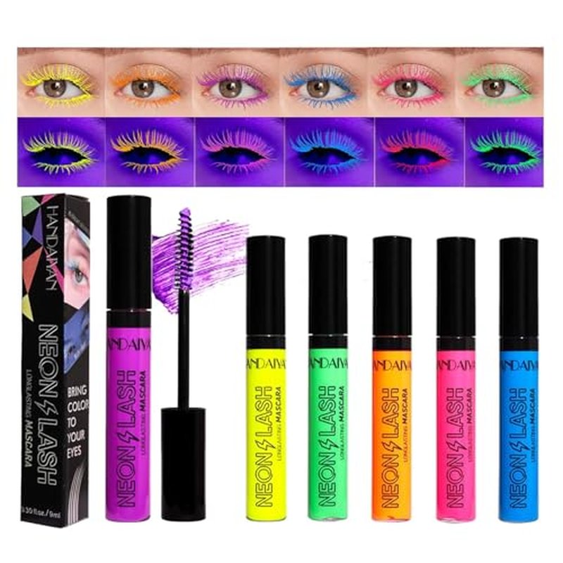 MAEPEOR Neon Mascara 6 Colors Blacklight Eyelash Waterproof and Smudgeproof Longlasting Fluorescent Mascara for Daily Wear and Halloween Christmas (Set 01)