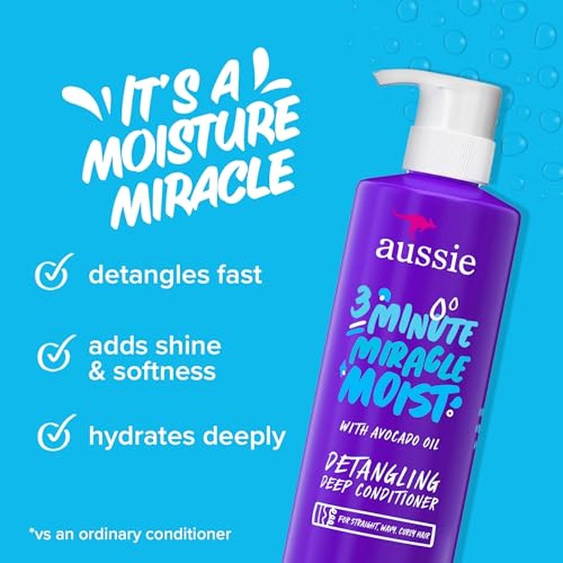 Aussie 3 Minute Miracle Moist Deep Conditioner for Dry Hair, Avocado & Jojoba Oil, Safe for Color Treated Hair, Nourishing Hydration, Silky Shine, Paraben-Free, 16 Fl Oz Each, Triple Pack