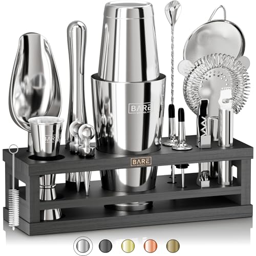Bartender Kit Bar Set with 28oz Boston Shaker - Silver & Black | 16-Piece Cocktail Mixing Tools & Recipe Cards
