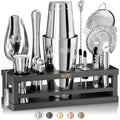 Bartender Kit Bar Set with 28oz Boston Shaker - Silver & Black | 16-Piece Cocktail Mixing Tools & Recipe Cards