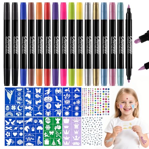 Oiomniv Temporary Tattoo Markers for Skin, 15PCS Body Markers Dual-End for Adults, 78 Tattoo Stencils Temporary 2 Face Gems Sticker, Glitter Matte Neon Tattoo Pens, Flexible Brush Tip, Skin Safe