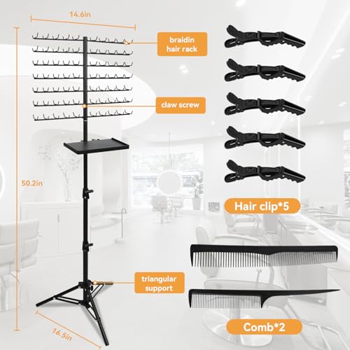 BRIAN & DANY 140-Peg Braiding Hair Rack Standing, Height Adjustable Hair Extension Holder with Salon Tray, Hair Separator Stand for Hairstylist Braiders, Black