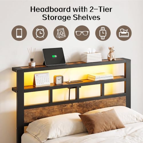 Vintage Brown Twin Bed Frame with Charging Station & LED Lights