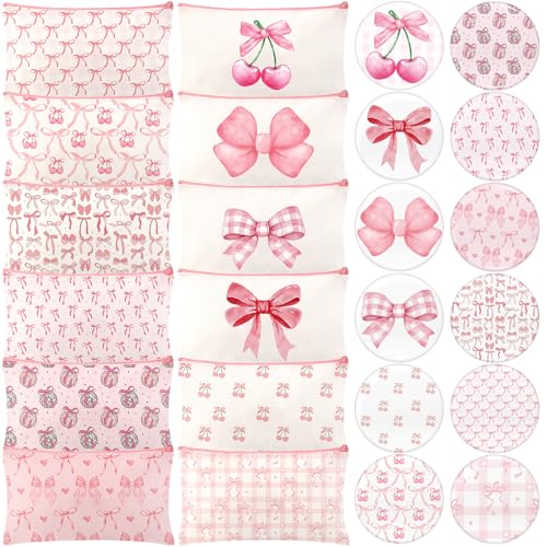 Chunful 24 Pcs Coquette Bow Party Favors 12 Canvas Makeup Bags 12 Aesthetic Compact Mirror Zipper Pouch Round Pocket Mirrors for Women Guests Quinceanera Party Favors(Pink,Cute Style)