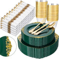 Green Plastic Dinnerware Set for 50 Guests - Gold Rim, 350 Pieces, Includes Plates Cups & Utensils
