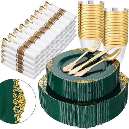 Green Plastic Dinnerware Set for 50 Guests - Gold Rim, 350 Pieces, Includes Plates Cups & Utensils