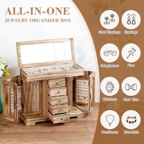 Miratino Bronze Wooden Jewelry Box for Women Girls - 5 Layer Organizer with Mirror