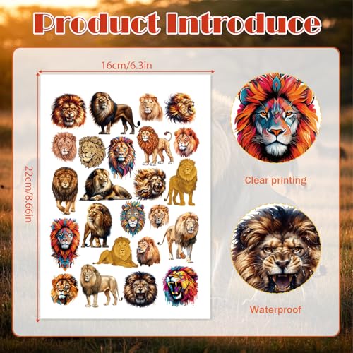Lion Temporary Tattoos Stickers, Animal Tattoo Stickers for Kids, Birthday Party Favors Goodie Bag Fillers Supplies Decorations, Classroom School Prizes Rewards Gifts(8 Sheets)