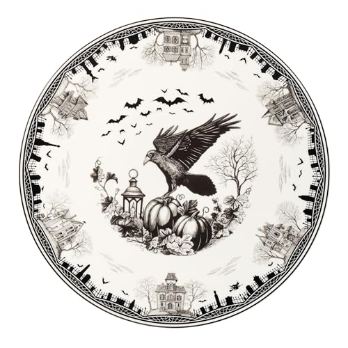 Haunted Village Cake Plate - Halloween Porcelain Serving Dish with Raven Design - Variation of THIS listing