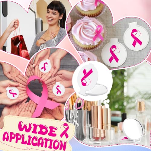 Huwena 100 Pcs Breast Cancer Awareness Accessories Gift Bulk White Pink Ribbon Breast Cancer Compact Mirror for Women Small Pocket Purse Round Portable Folding Makeup Mirror