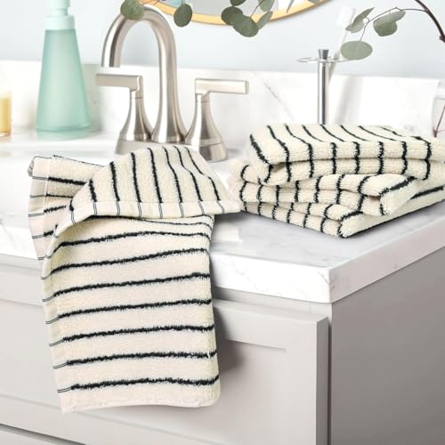 Jacquotha Striped Cotton Washcloths 12 Pack, 13¡± x 13¡± - Soft Wash Cloths for Bathroom, Kitchen, Gym, Face, Black and Cream
