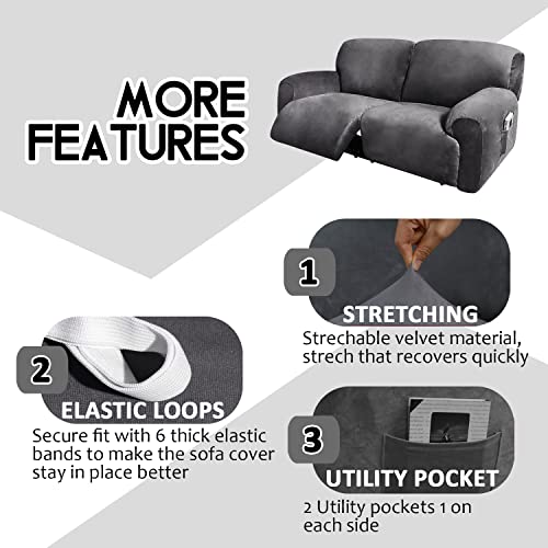 Velvet Stretch Reclining Sofa Slipcover - 75-100 Inch 2 Seater Dark Grey, 6-Piece