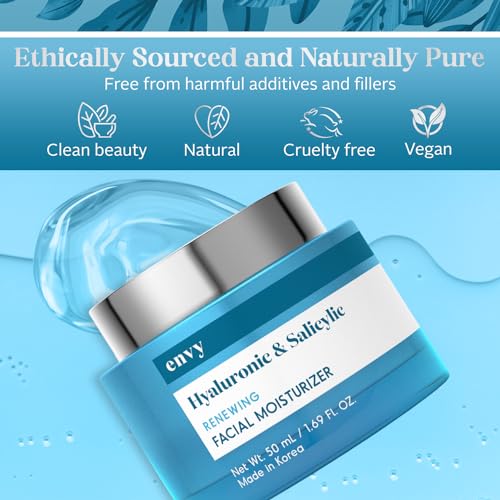 Envy Hyaluronic & Salicylic Acid Face Moisturizer Cream - Hydrating, Acne Scar Reduction & Anti-Aging Day Cream - Dermatologist Tested, Clean Beauty for All Skin Types - 1.69 Fl. Oz