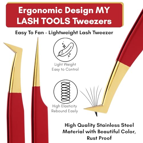 My Lash Tools Fiber Tip Lash Tweezers set for Eyelash Extensions Pro Tweezer for Volume Lashes Japanese Stainless Steel Mink Lashes Fan Making Mega Volume Boot Lashing Tweezers (Gold with Gold Tip)