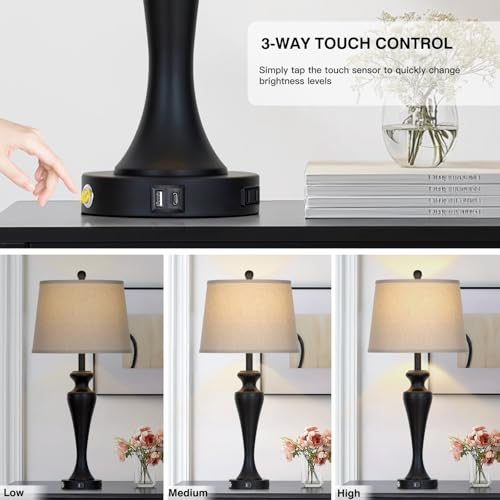 Black 30-Inch Modern Table Lamps Set of 2 with Touch Control & USB Ports