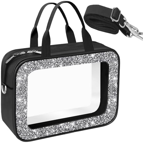 Meetart Diamond Black Clear Makeup Bag with Detachable Shoulder Strap - Travel Toiletry Organizer
