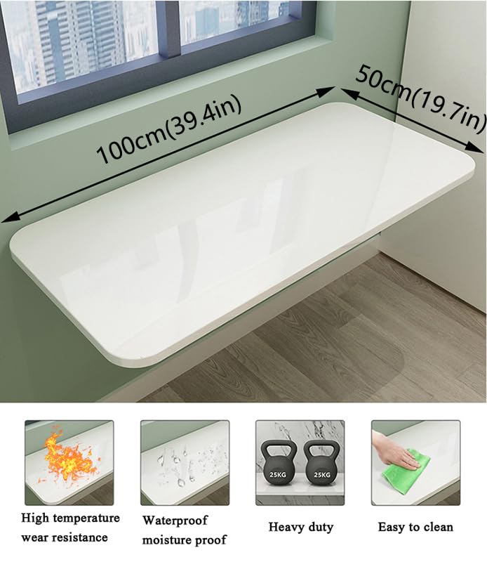 Wall Mounted Folding Table White 39.4x19.7 Inches Space-Saving Desk & Dining Surface - Stainless Steel Support