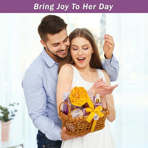 Spa Baskets For Women - Luxury Bath Set With Honey & Lavender - Spa Kit Includes Wash, Bubble Bath, Lotion, Bath Salts, Body Scrub, Body Spray, Shower Puff, Bathbombs, Soap and Towel