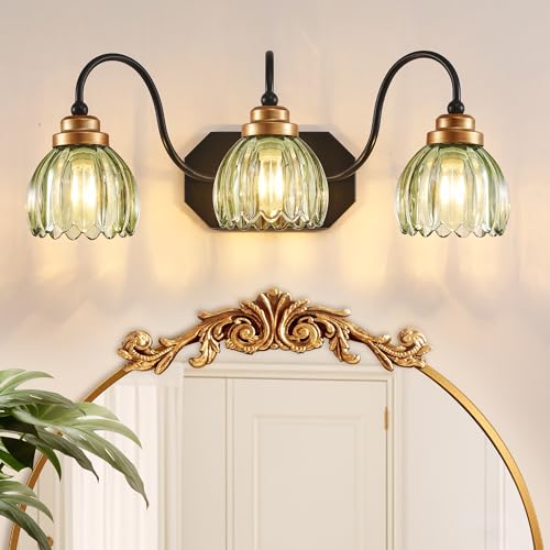 Vintage Green Tulip Crystal Bathroom Light Fixture - 3-Light Farmhouse Style - Variation of Green / 3-Light
