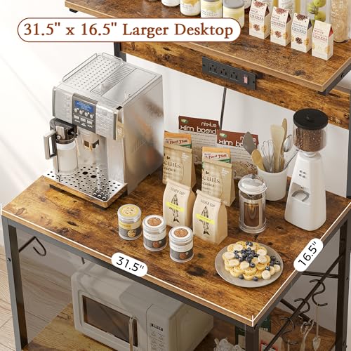 SUPERJARE 31.5 Inch Bakers Rack with Outlets & Microwave Stand, Rustic Brown with Adjustable Middle Shelf