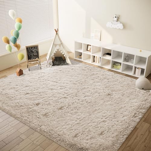 Camel 8x10 Fuzzy Shag Area Rug for Living Room and Bedroom - Washable Plush Carpet