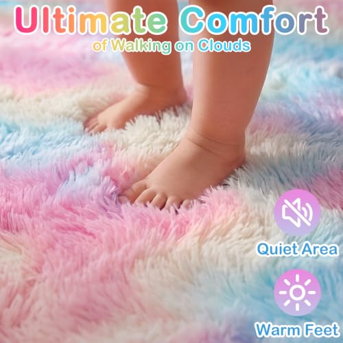 PAGISOFE 6x9 Rainbow Fluffy Area Rug for Bedroom Kids & Girls, Plush Shaggy Carpet