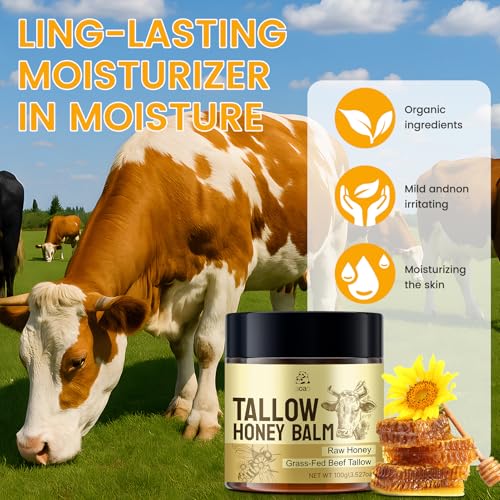 AOAO Tallow Honey Balm for Face & Body, Moisturizer with Organic Grass-Fed Beef Tallow & Raw Wild Honey, Not Diluted, Natural Hydration, Soothes & Nourishes Dry, Sensitive (Tallow Honey_3)