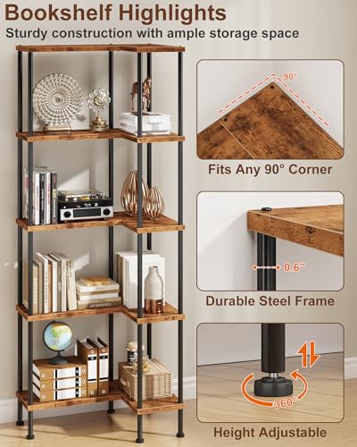 Rustic Brown 5-Tier L-Shaped Corner Bookshelf - Modern Storage Shelf