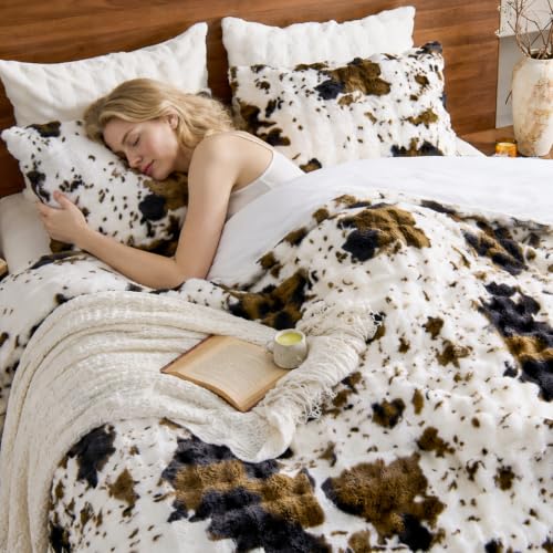 Faux Rabbit Fur Bubble Comforter Set Queen with Cow Print - 3 Pieces