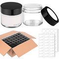2 oz Round Clear Glass Jars, Bumobum 70 pack Cream Jars with Black Lids, Black and White Labels & Inner Liners, Empty Cosmetic Containers for Cream, Lotion