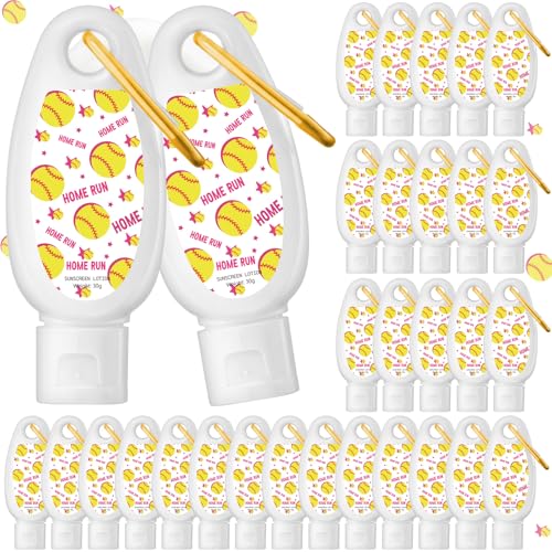 Leelosp Softball Sunscreen Keychain Set - 24 Mini SPF 30 Water-Resistant Travel Bottles, Party & Team Gift for Girls