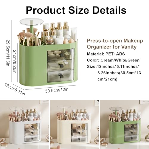 DASITON Makeup Organizer with 3 Drawers,Automatic Lifting Makeup Brush Holder with Lid,Large Capacity Makeup Organizers for Vanity,Bathroom Countertop,Ideal Storage Skin Care,Brushes,Lipstick (Green)