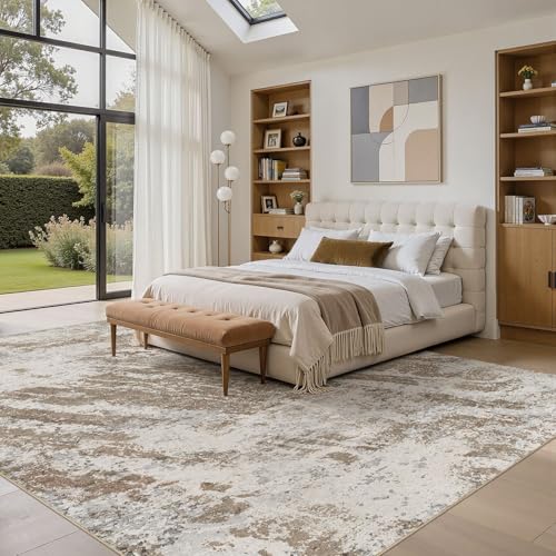 8x10 Brown Abstract Washable Area Rug Non-Slip Indoor Carpet - Modern Home Decor