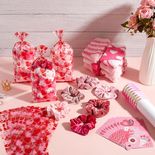 Galentine's Day Gift Set - Velvet Hair Scrunchies Plush Socks Bracelets 12 pcs - Girls Women Party Supplies
