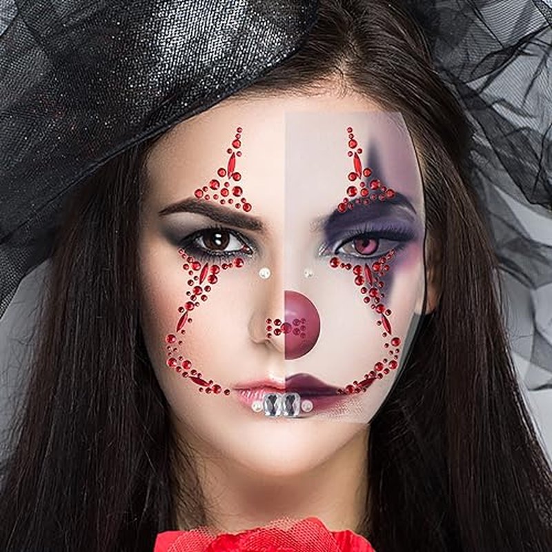 2 Pack Halloween Face Gems Jewels Clown Face Sticker Nun Makeup Tattoo Scary Temporary Rhinestone Face Tattoo for Halloween Festival Rave Party Make Up Accessories