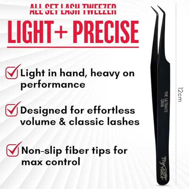 45 Degree Volume Fiber Tip Lash Tweezer ? The Ultimate Grab, Professional Eyelash Extension Tweezers, Precision Fan Making, Plain Grip (Black)