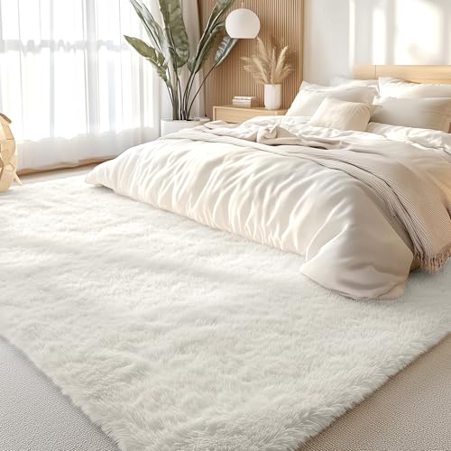 6x9 Ft Ivory Machine Washable Large Area Rug for Living Room & Bedroom - Soft Fluffy Shaggy Floor Carpet