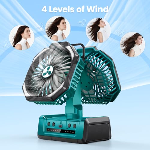 ONLYNEW Green Large Dual Head Portable Rechargeable Fan with LED Lantern & Remote