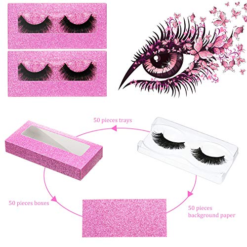 Maitys 50 Sets Empty Eyelash Case Set, Include 50 Empty Eyelash Box Lash Box Packaging Eyelash Storage Box, 50 Eyelash Box Tray False Eyelash Storage Box Tray, 50 Internal Background Paper (Pink)
