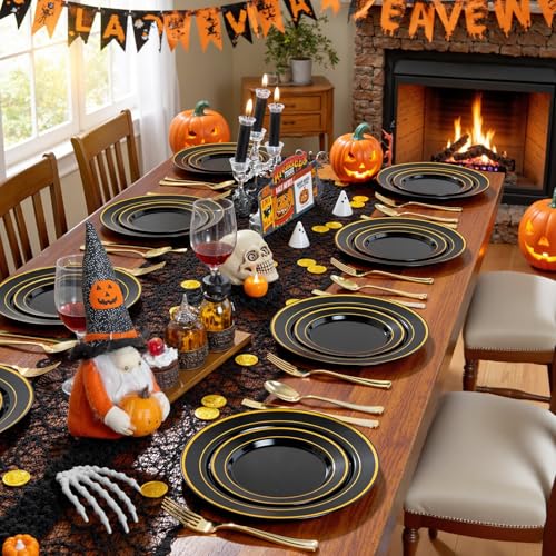 Black and Gold Disposable Plastic Plates Set for Parties - Heavy Duty, 200 Pieces - Halloween, Wedding, Birthday