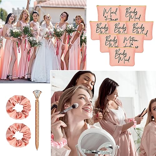 Irenare 48 Pcs 8 Set Bridesmaid Proposal Gifts Maid of Honor Gifts16oz Glass Cups Cosmetic Makeup Bags Invited Cards Scrunchies Hair Knotted Bracelets Diamond Pens(Elegant Style,Rose Gold)