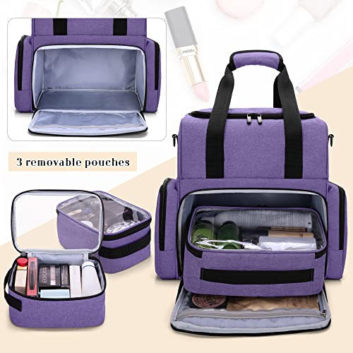 BAFASO 2 Layers Large Travel Makeup Bag with 3 Inner Removable Pouches, Cosmetic Bag with Detachable Dividers (Patented), Purple