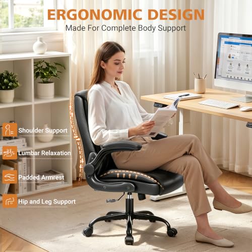 Black PU Leather Office Chair with Flip-Up Arms, Lumbar Support & Adjustable Height