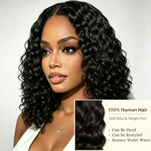 Natural Black 16-Inch Curly Water Wave Human Hair Glueless Bob Wig - 2x6 HD Lace