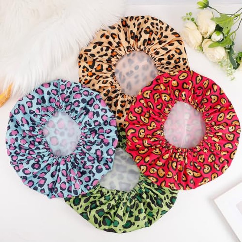 4 PCS Shower Caps for Women,Reusable Waterproof Shower Cap,Double Layers Bath Caps,Large Shower Cap with EVA Lining,Elastic Bathing Hair Cap for All Hair Lengths(Leopard 2)