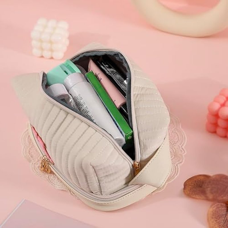 Initial Makeup Bag Monogrammed Double Layer Cosmetic Bag Velvet Travel Toiletry Bag Large Cpacity Makeup Pouch Portable Makeup Organizer Cosmetic Brush Bag Case (D, White/Pink)